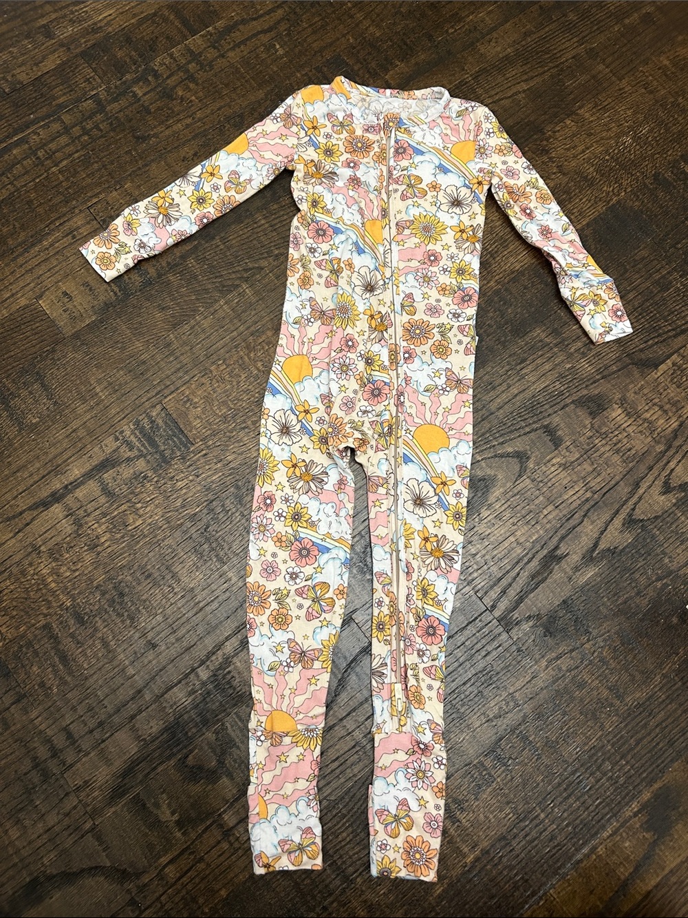 Posh Peanut Kids Floral Zip-Front One-Piece Pajamas - Pink & Yellow